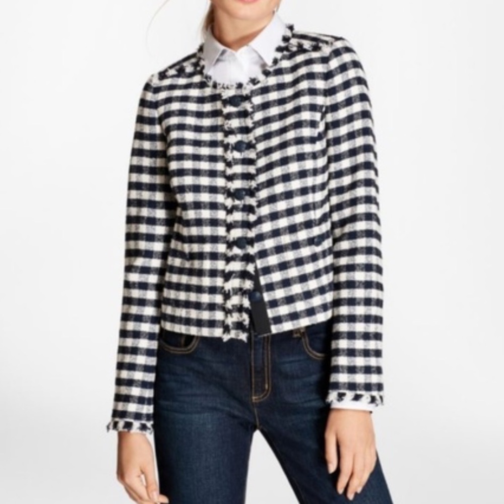Brooks Brothers Red Fleece Blue & White Knit Checkered Fringe Accent Blazer 12